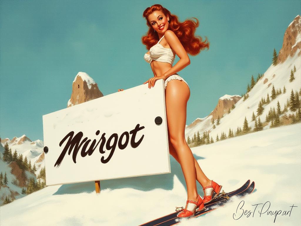 Pin-up girl showcasing a sign with Margot skiing pin-up theme