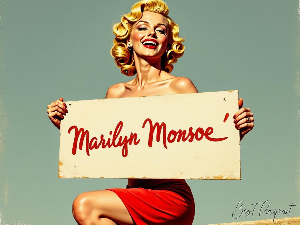 Pin-up girl showcasing a sign with Marilyn Monroe theme