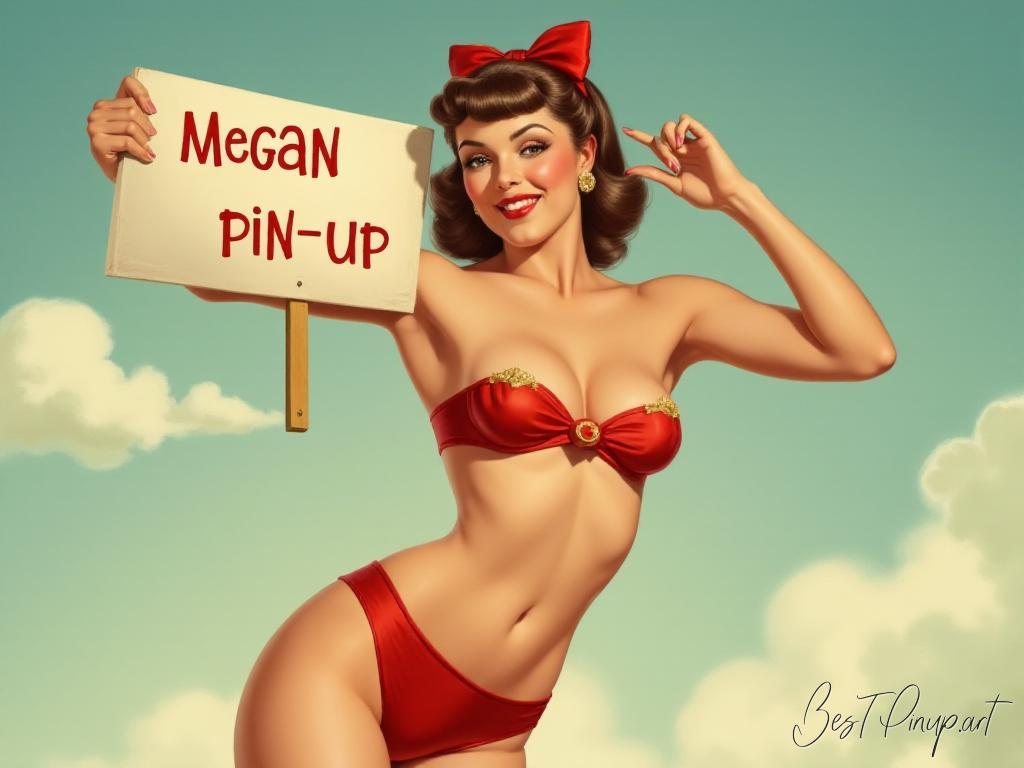 Pin-up girl showcasing a sign with Megan pin-up theme