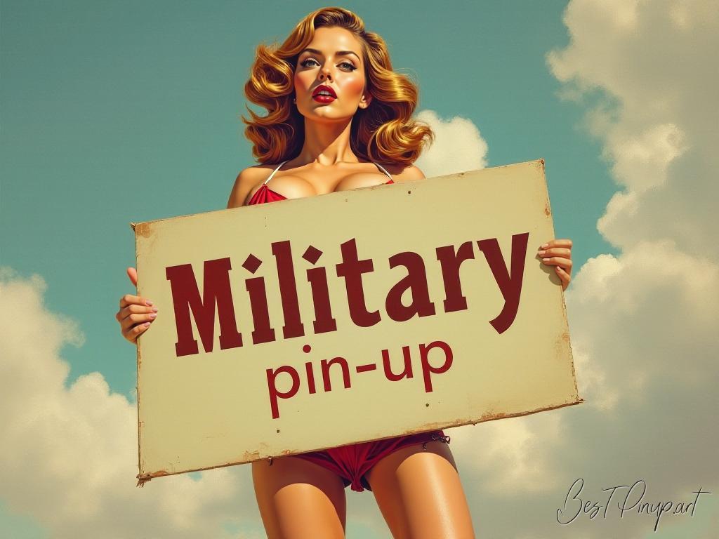 Pin-up girl showcasing a sign with Military pin-up theme