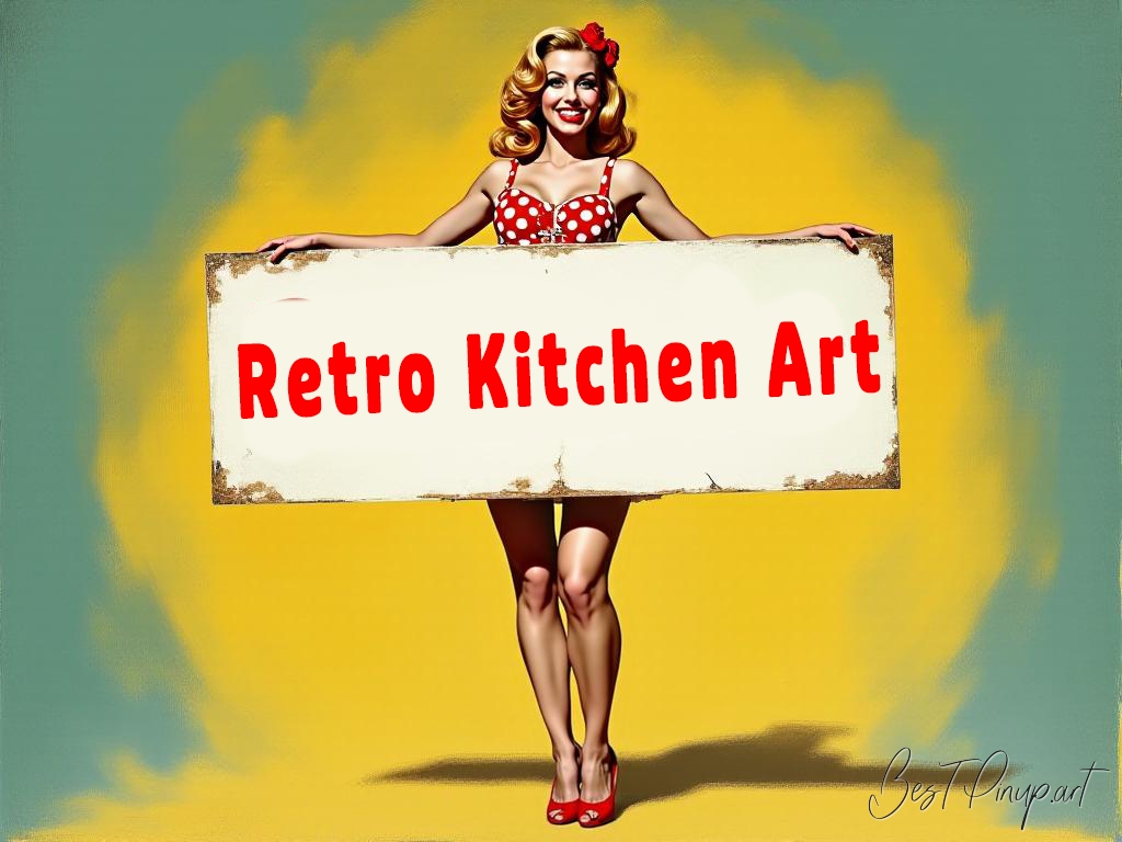 Pin-up girl showcasing a sign with retro kitchen art theme