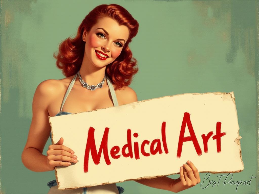 Pin-up girl showcasing a sign with retro medical art theme