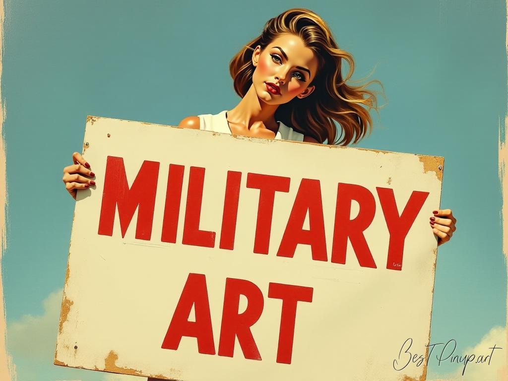 Pin-up girl showcasing a sign with retro military art theme