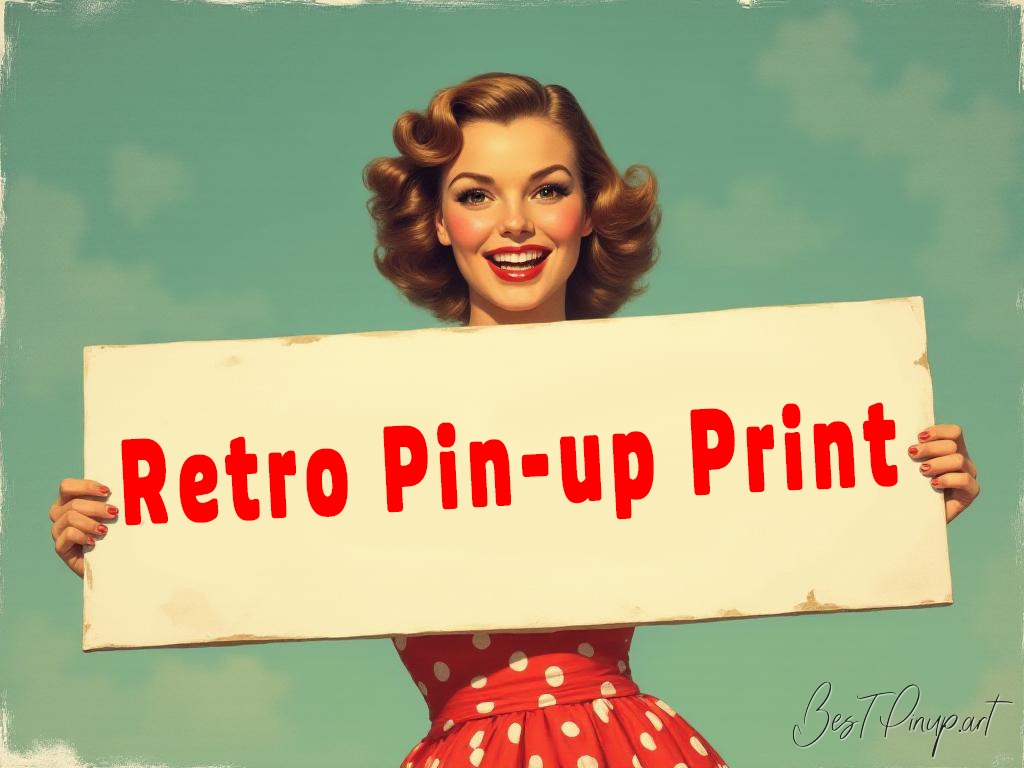 Pin-up girl showcasing a sign with retro pin-up print theme