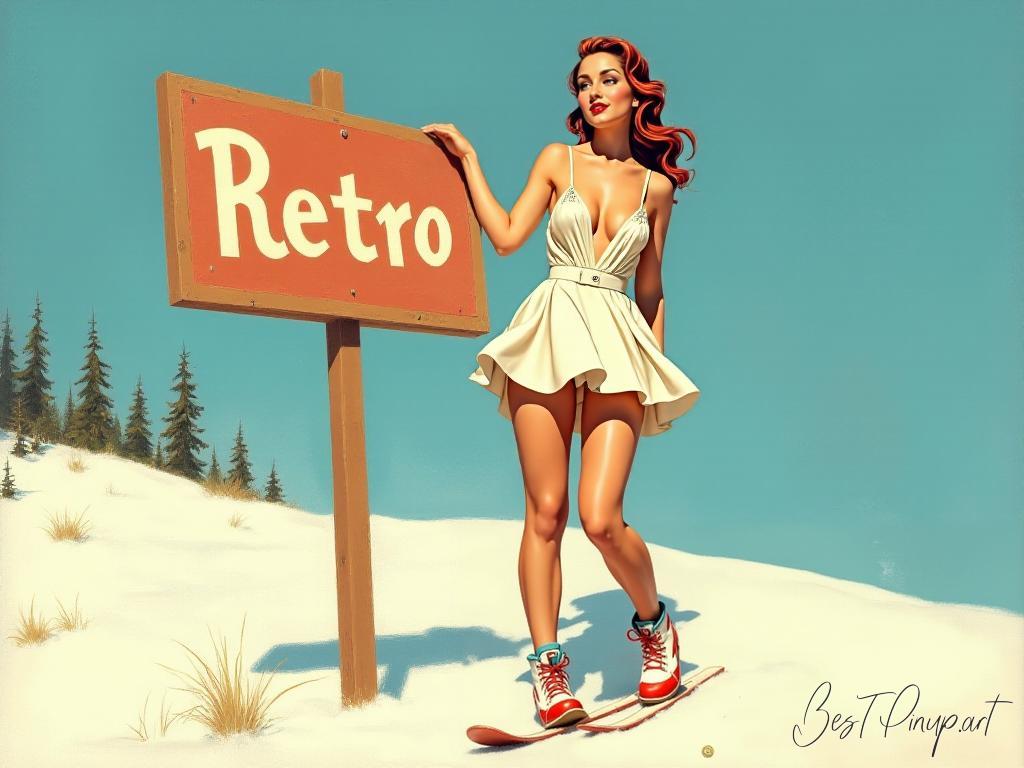 Pin-up girl showcasing a sign with retro ski art theme