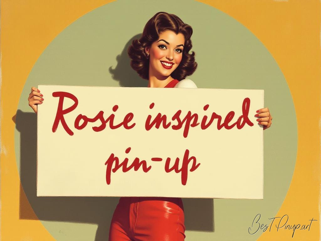 Pin-up girl showcasing a sign with Rosie-inspired pin-up theme