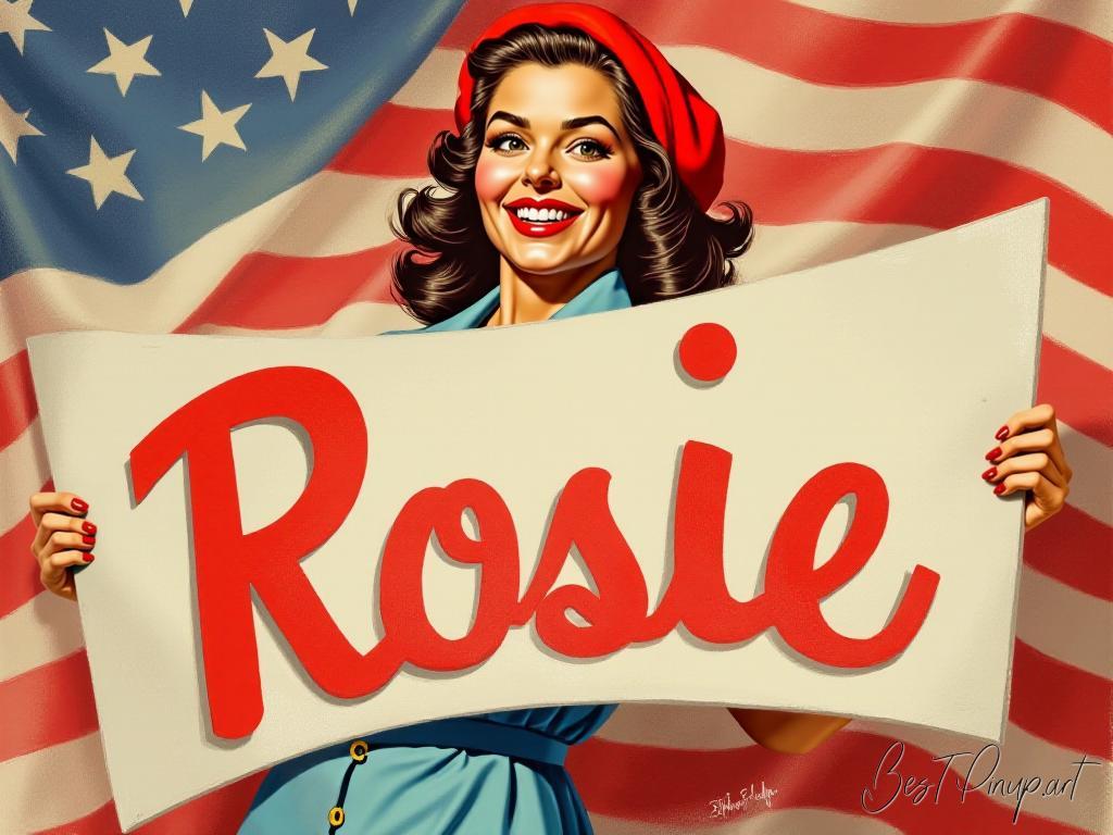 Pin-up girl showcasing a sign with Rosie theme