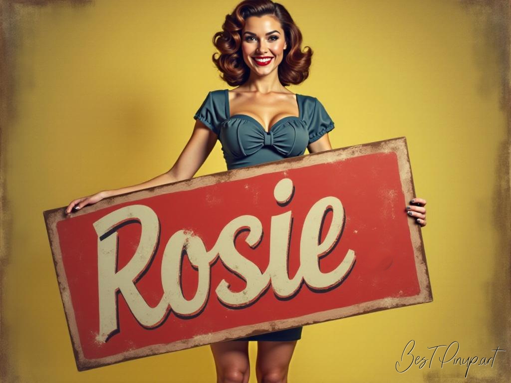 Pin-up girl showcasing a sign with Rosie #2 theme