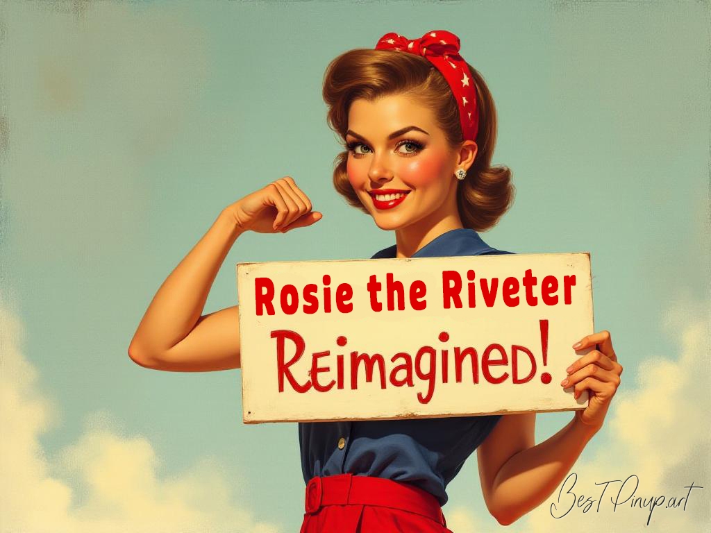 Pin-up girl showcasing a sign with Rosie the Riveter reimagined theme