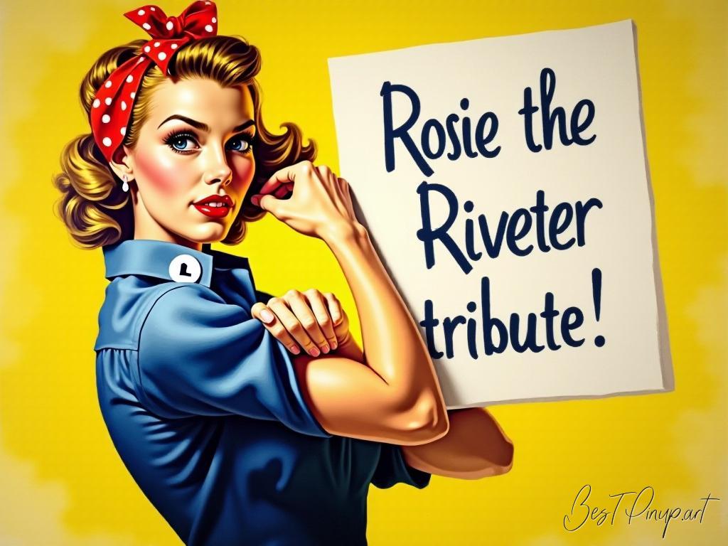 Pin-up girl showcasing a sign with Rosie the Riveter tribute theme