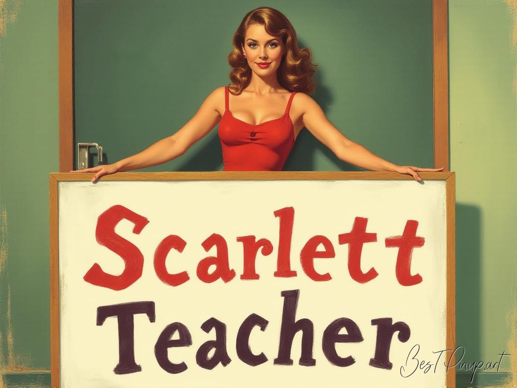 Pin-up girl showcasing a sign with Scarlett Teacher theme