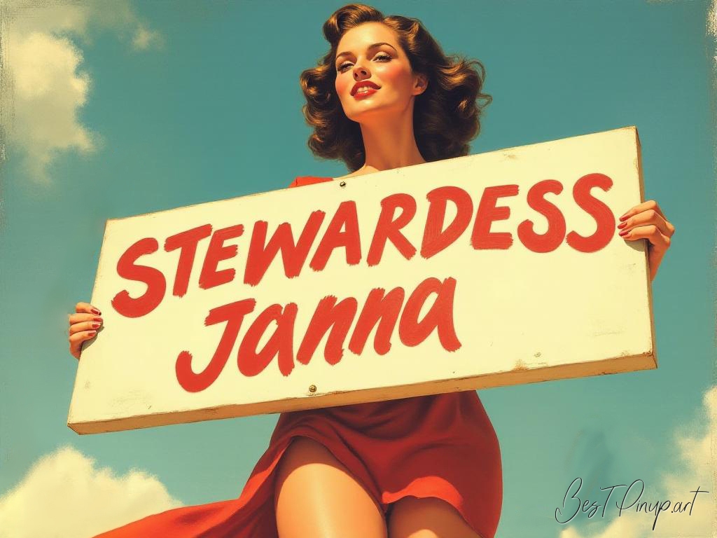 Pin-up girl showcasing a sign with Stewardess Janna theme