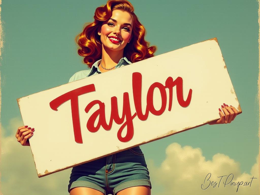 Pin-up girl showcasing a sign with Taylor theme
