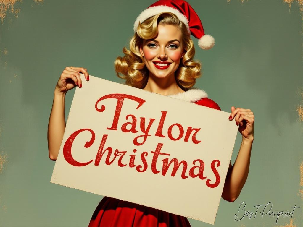 Pin-up girl showcasing a sign with Taylor Christmas pin-up portrait theme