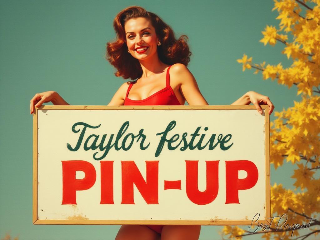 Pin-up girl showcasing a sign with Taylor festive pin-up theme