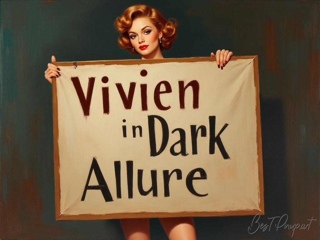 Pin-up girl showcasing a sign with Vivien in Dark Allure theme