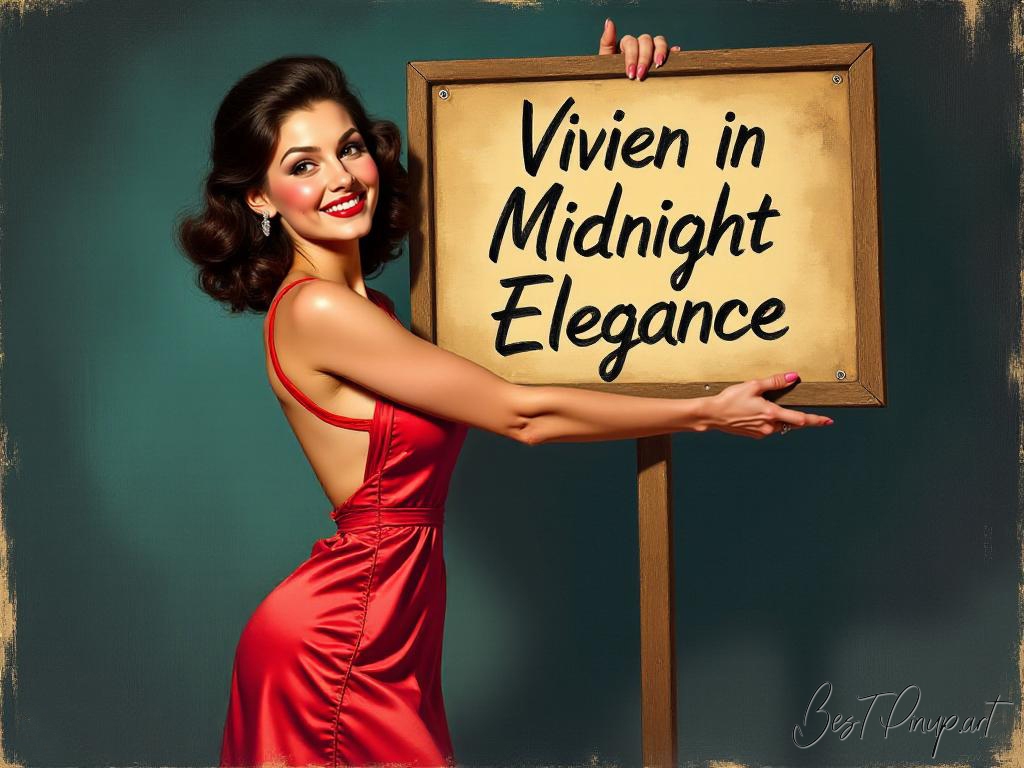 Pin-up girl showcasing a sign with Vivien in Midnight Elegance theme