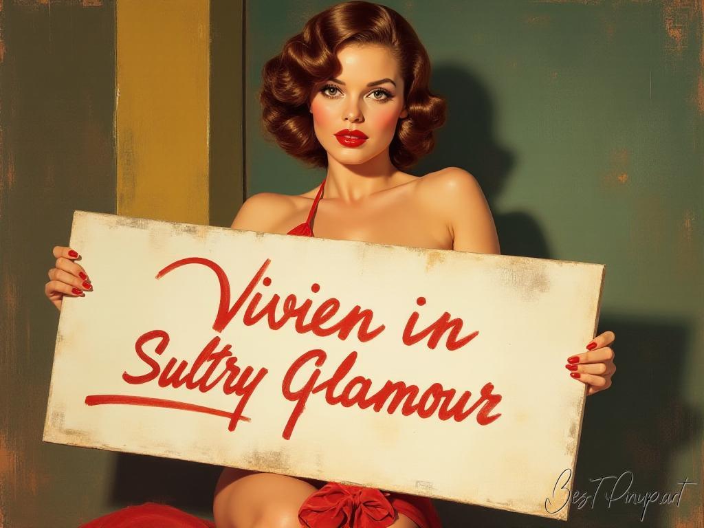 Pin-up girl showcasing a sign with Vivien in Sultry Glamour theme