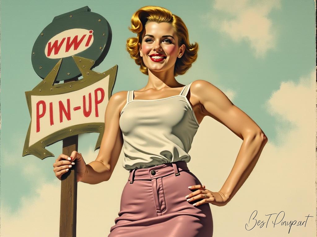 Pin-up girl showcasing a sign with WWII pin-up theme