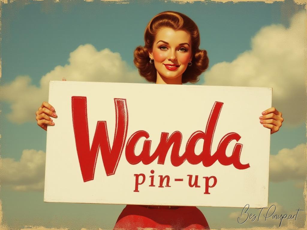 Pin-up girl showcasing a sign with Wanda pin-up theme