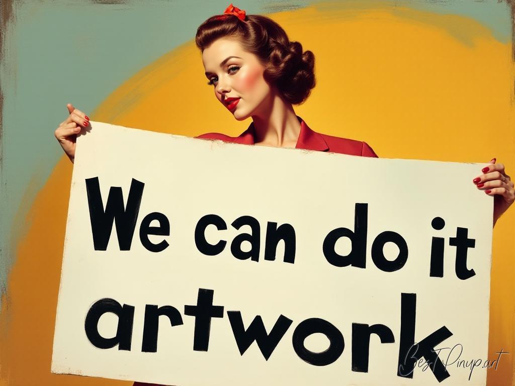 Pin-up girl showcasing a sign with We Can Do It artwork theme