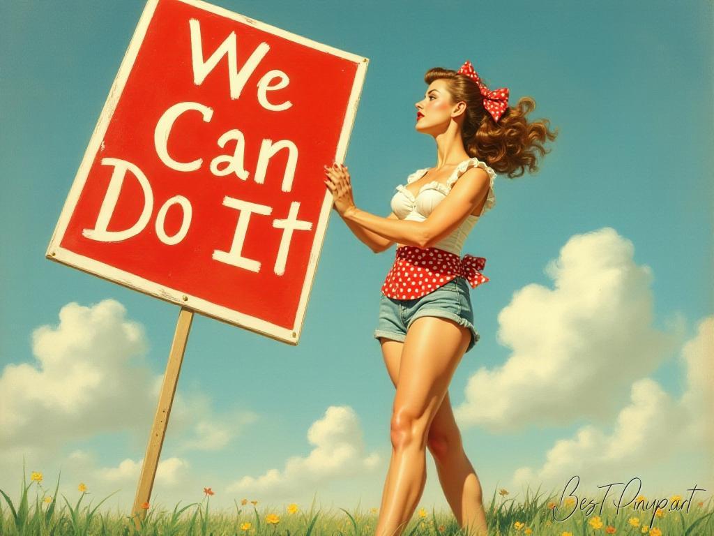 Pin-up girl showcasing a sign with We Can Do It pin-up art theme