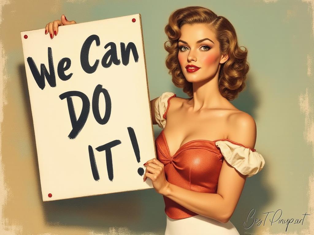 Pin-up girl showcasing a sign with We Can Do It poster theme