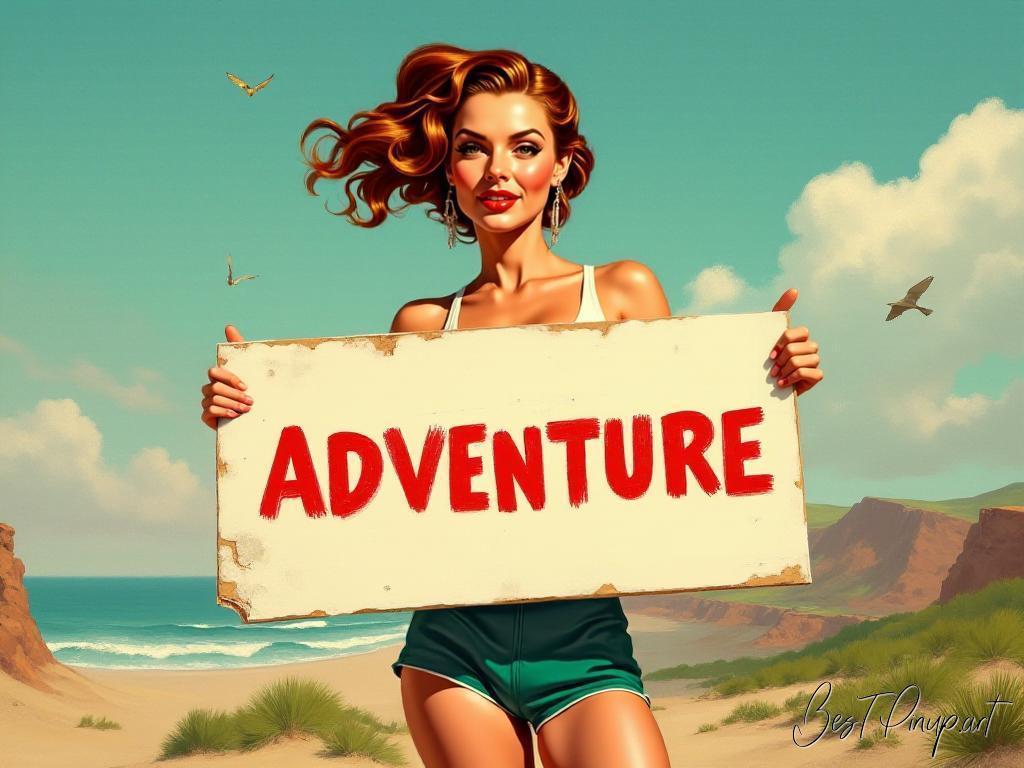 Pin-up girl showcasing a sign with Adventure theme