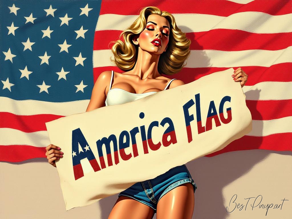 Pin-up girl showcasing a sign with america flag theme