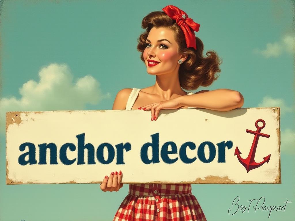 Pin-up girl showcasing a sign with anchor decor theme