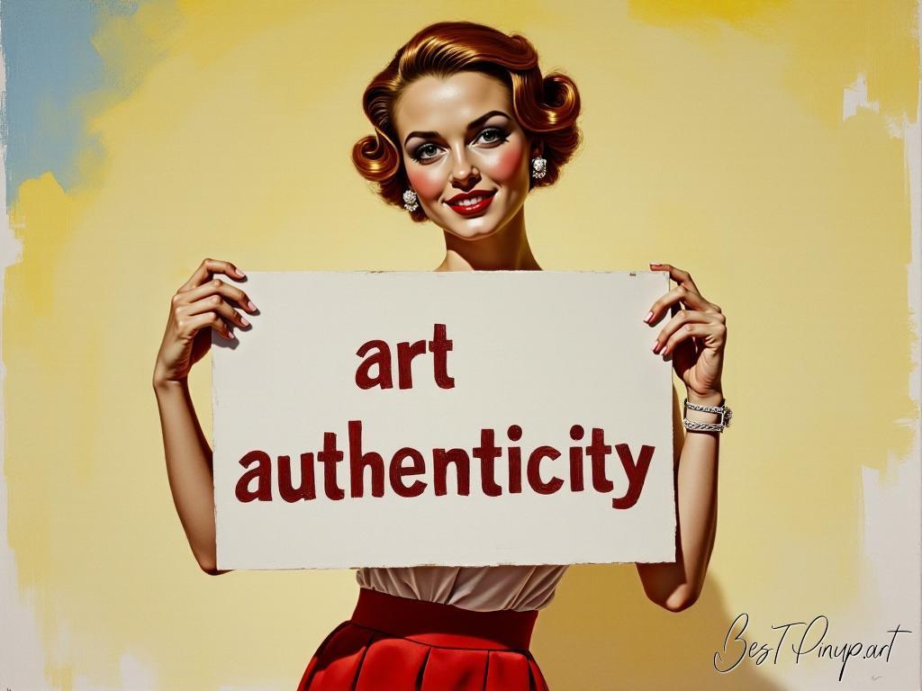Pin-up girl showcasing a sign with art authenticity theme