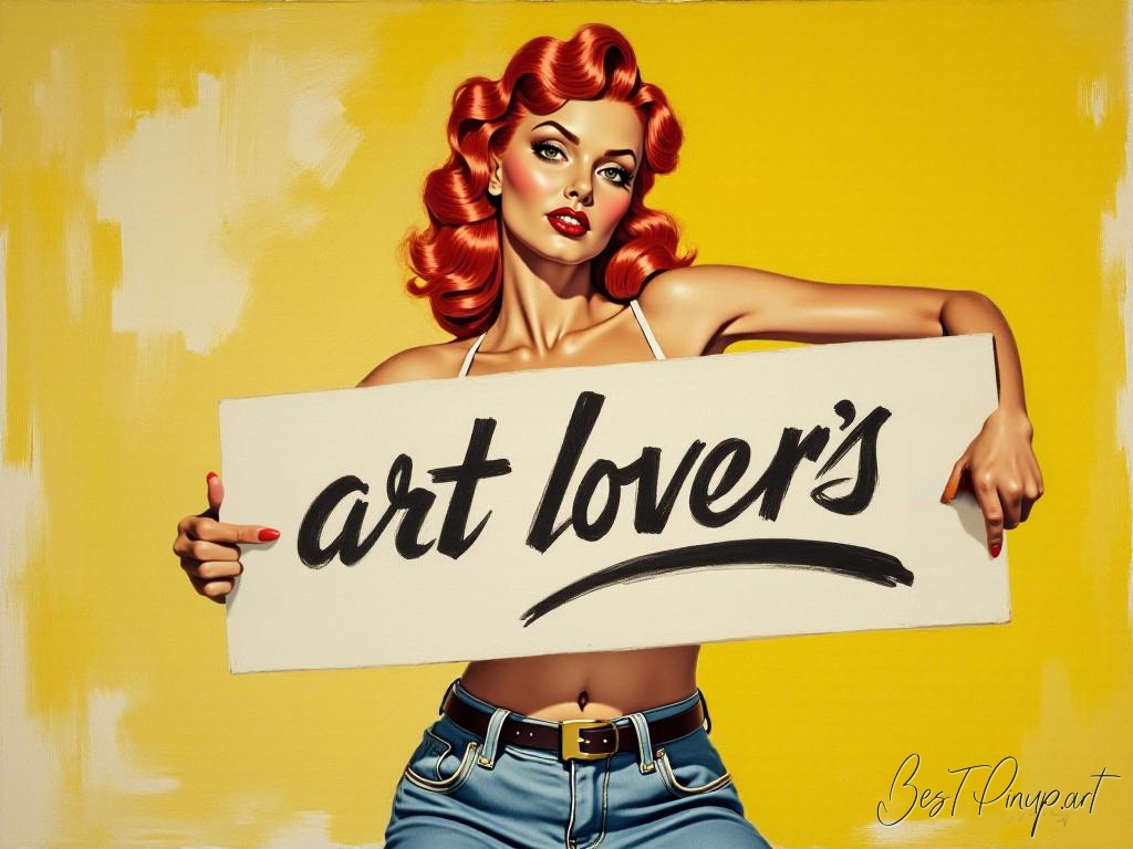 Pin-up girl showcasing a sign with art lovers theme