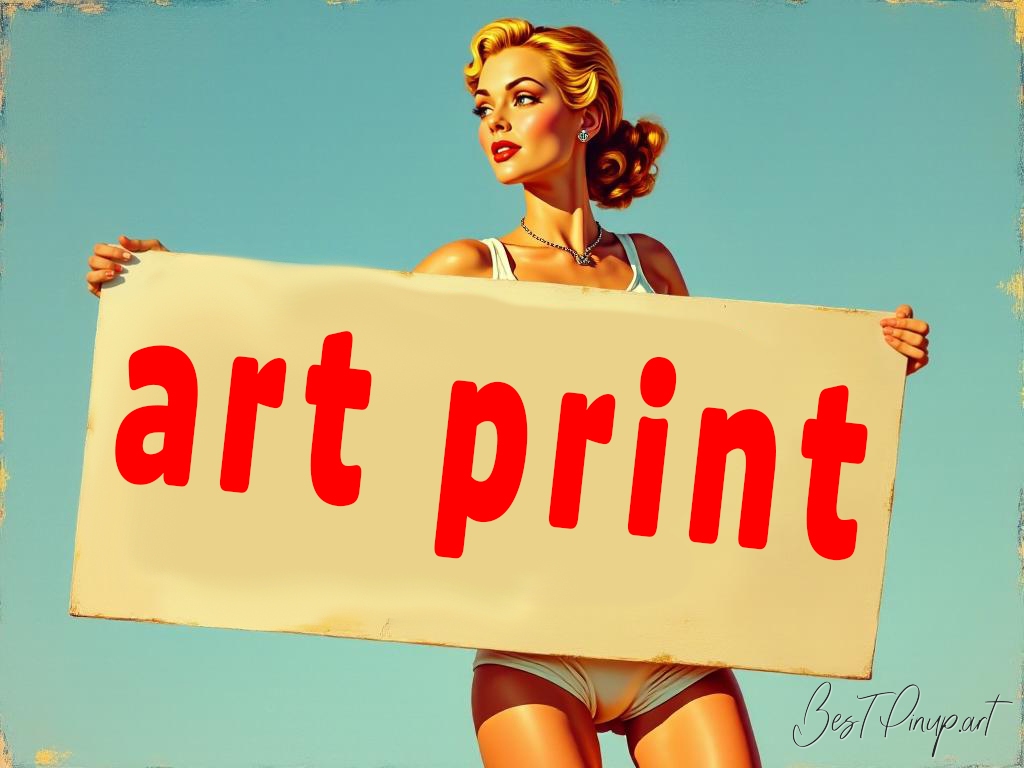 Pin-up girl showcasing a sign with art print theme