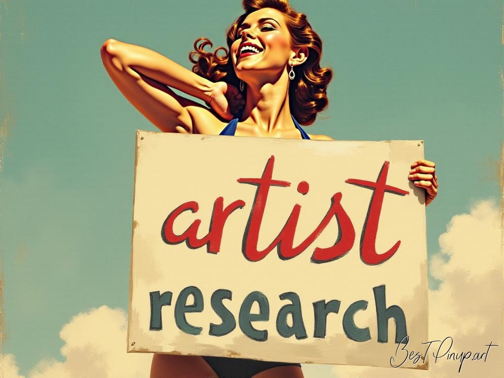 Pin-up girl showcasing a sign with artist research theme