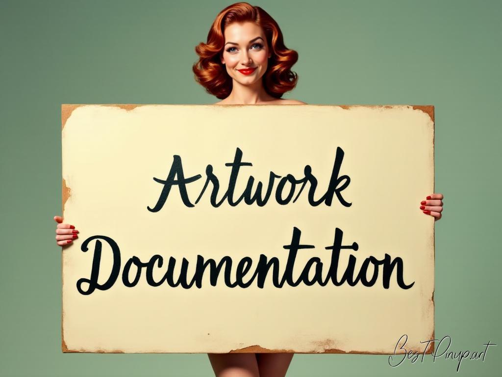 Pin-up girl showcasing a sign with artwork documentation theme