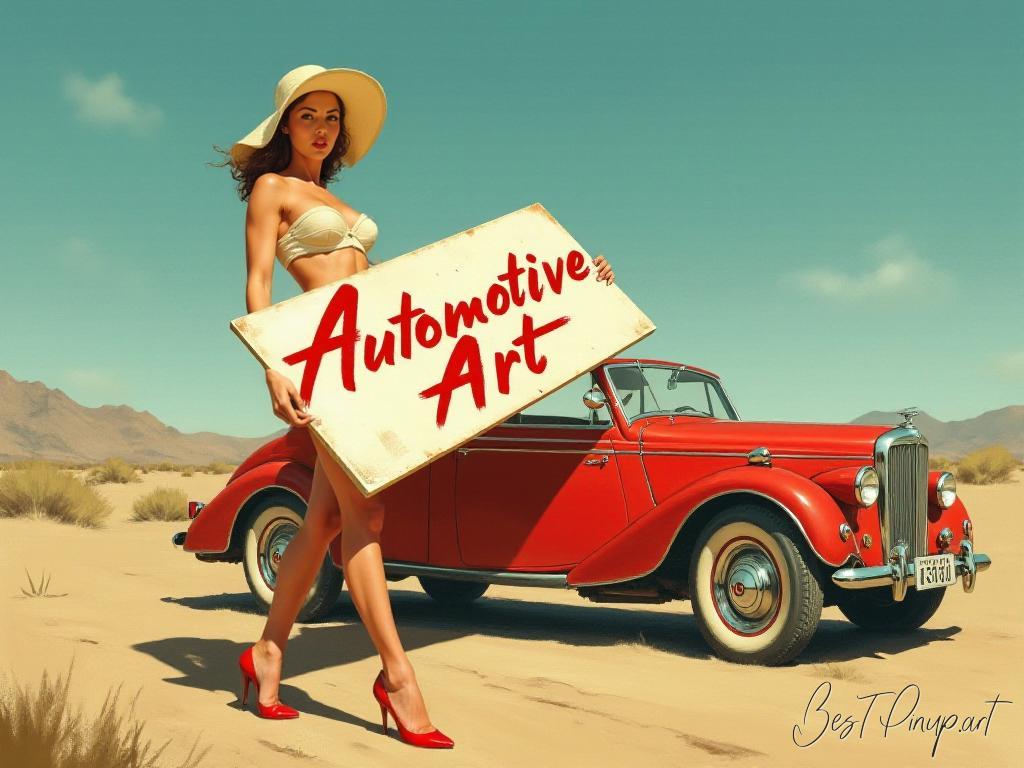 Pin-up girl showcasing a sign with automotive art theme