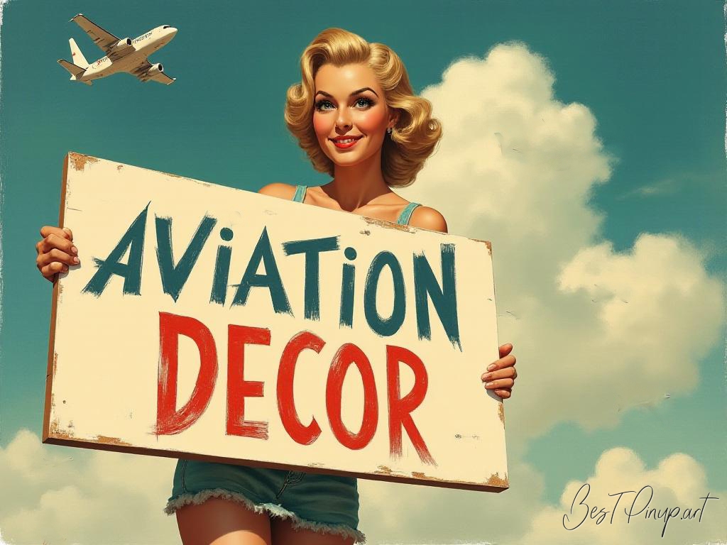 Pin-up girl showcasing a sign with aviation-themed decor theme