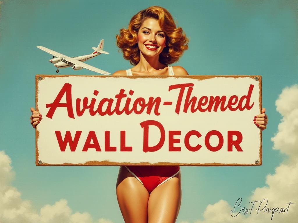 Pin-up girl showcasing a sign with aviation-themed wall decor theme