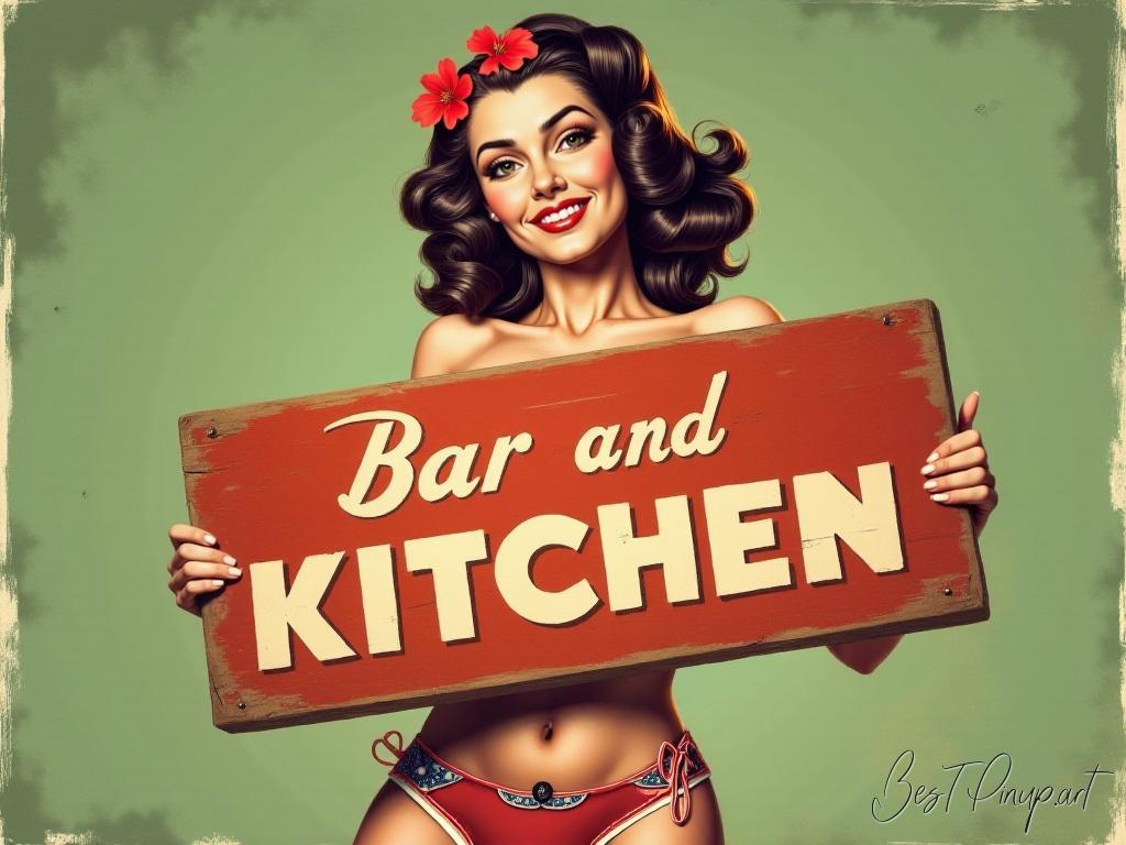 Pin-up girl showcasing a sign with bar and kitchen decor theme