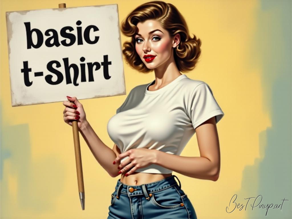 Pin-up girl showcasing a sign with basic t-shirt theme