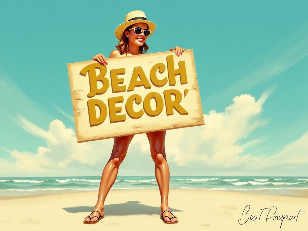 Pin-up girl showcasing a sign with beach decor theme