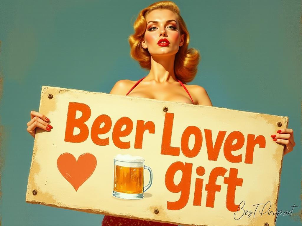 Pin-up girl showcasing a sign with beer lover gift theme