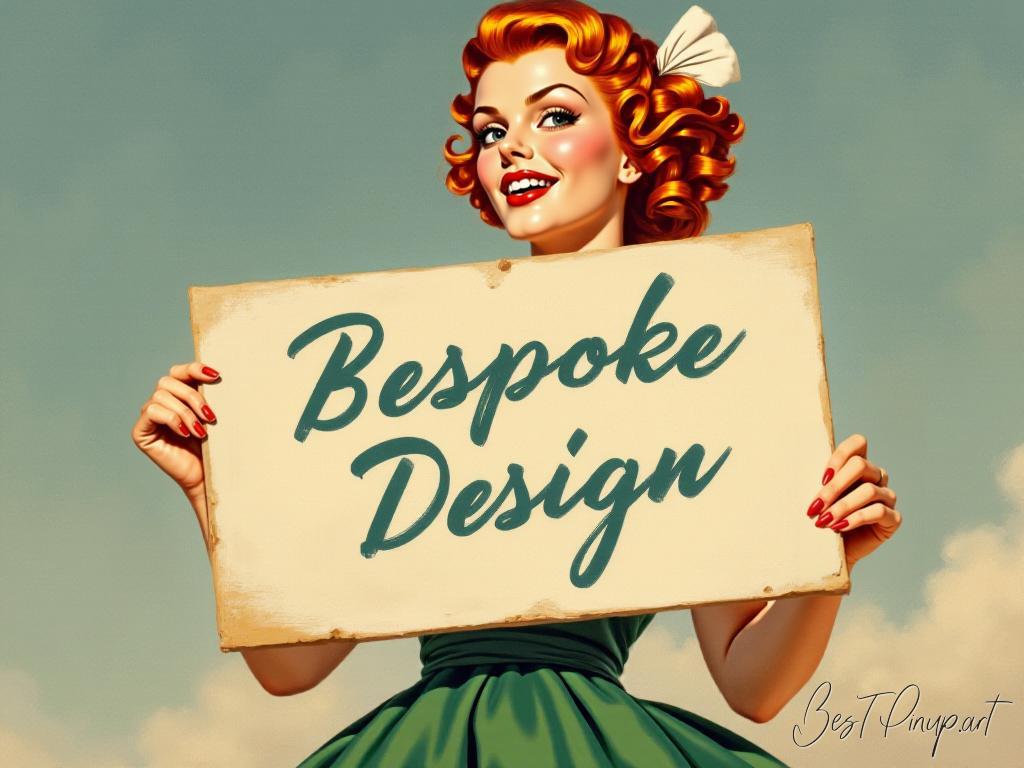 Pin-up girl showcasing a sign with bespoke pin-up design theme