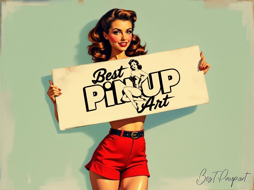 Pin-up girl showcasing a sign with bestpinup.art theme