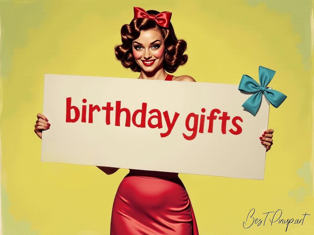 Pin-up girl showcasing a sign with birthday gifts theme