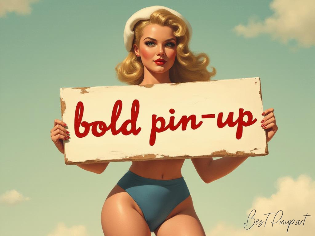 Pin-up girl showcasing a sign with bold pin-up theme