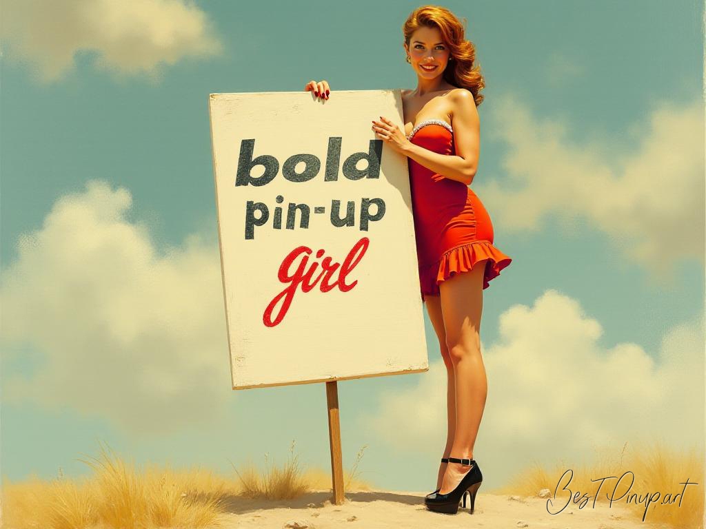 Pin-up girl showcasing a sign with bold pin-up girl theme