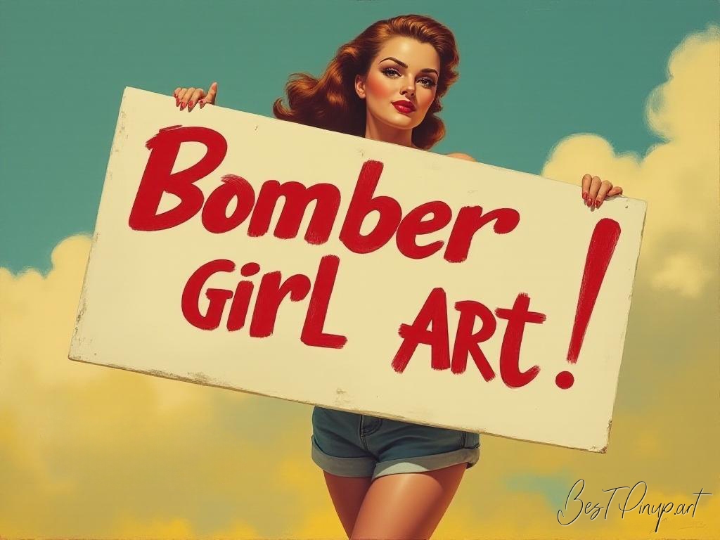 Pin-up girl showcasing a sign with bomber girl art theme