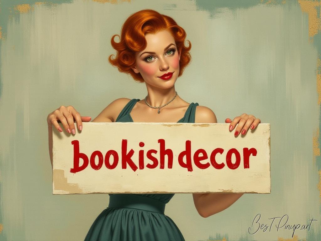 Pin-up girl showcasing a sign with bookish decor theme