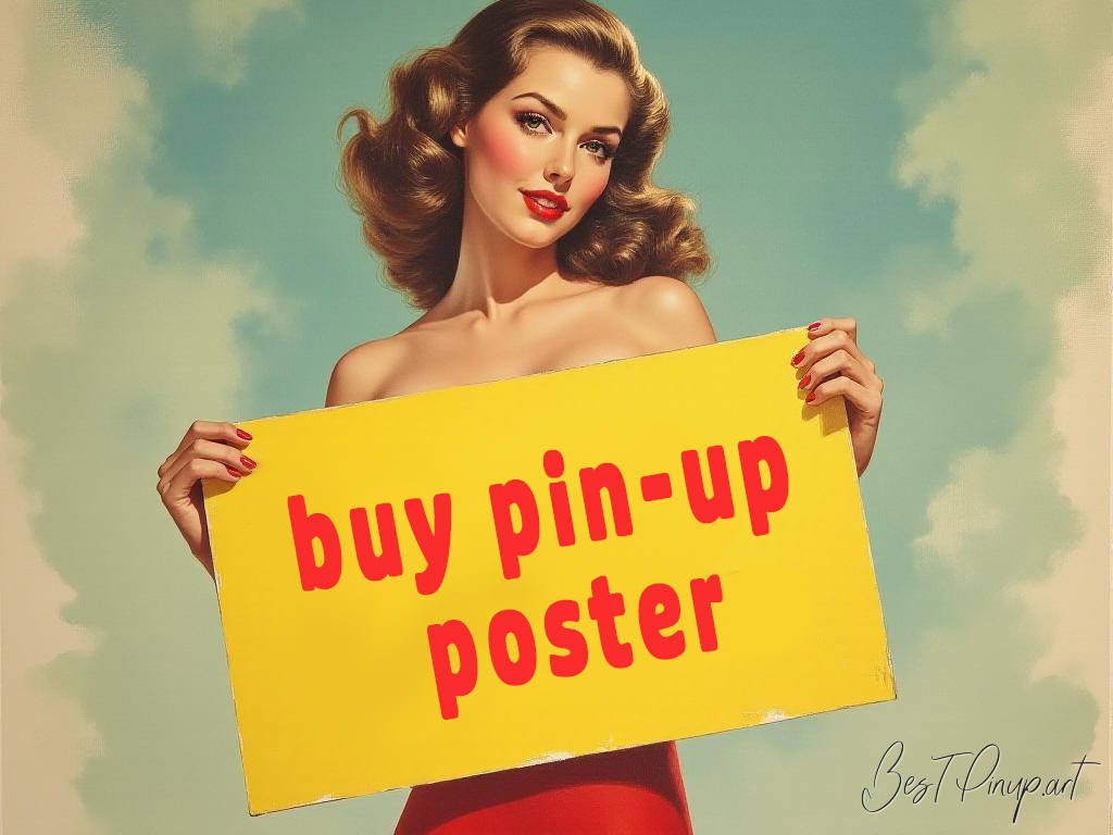 Pin-up girl showcasing a sign with buy pin-up poster theme
